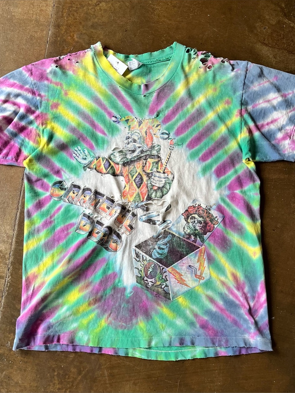 Vintage 1993 Grateful Dead Jack-In-The-Box Tie Dye Thrashed Concert T-Shirt L